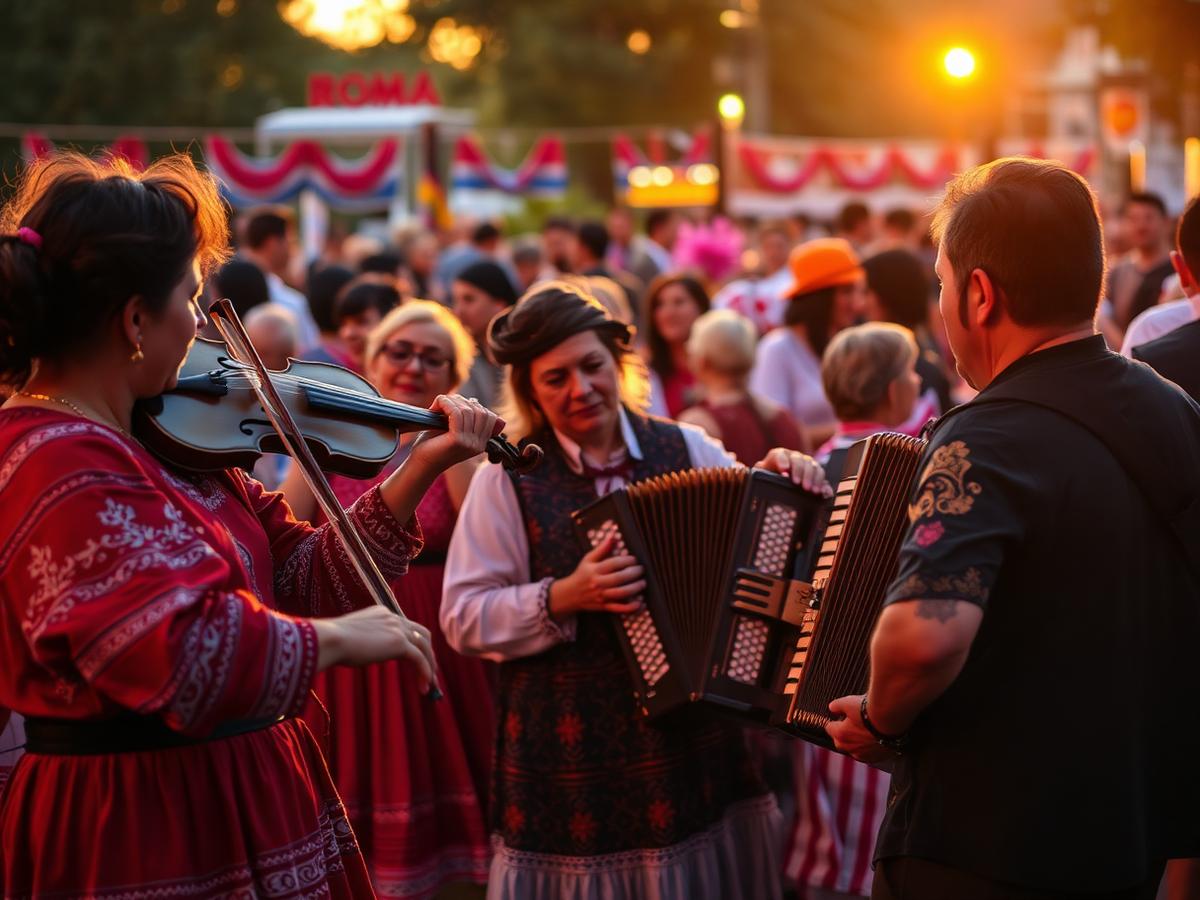 Musicians performing at a Roma cultural festival at dusk